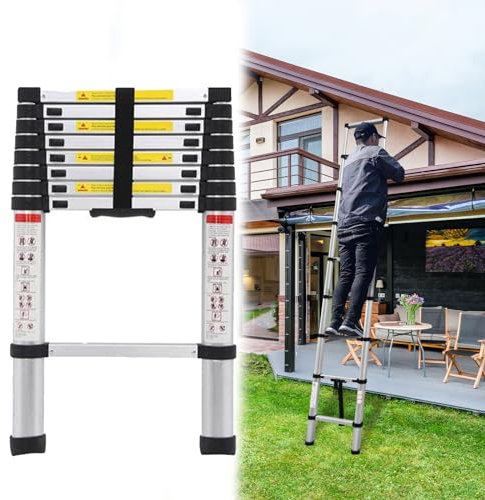 2,6M Teleskopleiter Klappleiter, Rutschfester Ausziehleiter mit 9 Sprossen, 150 kg Belastbarkeit, Schiebeleiter Anlegeleiter Stehleiter für Dachboden/Kletterdach/Büronutzung/Baujob