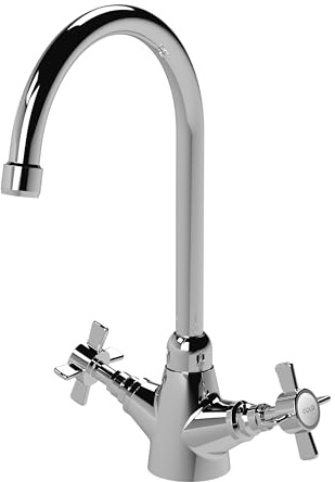 Balterley Kitchen Tap with Dual Crosshead Handles, Mono Kitchen Mixer Tap, Chrome Mono Mixer Taps for Sink, Round Base with Curved Spout Taps for Sink - 180 x 165 x 345mm (Chrome)