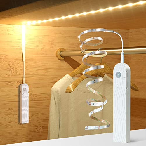 Sensky Motion Sensor Activated Strip Lights - Dimmable Rechargeable LED Strip for Cabinet, Wardrobe, Cupboard, Hallway, Stairs (1M, Warm White)