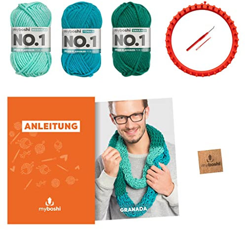 myboshi Strickring-Set Rundschal Granada, inkl. No.1-Wolle, Anleitung und Label, Strickringpaket, Loom-Set 30% Merinowolle Blau, mit Strickring