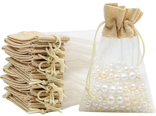 VEGCOO Organzabeutel, genäht, Jute, 24 Stück, 10 x 15 cm, Geschenkbeutel, mit Kordelzug, wiederverwendbar, für Hochzeit, Schmuck, Bonbons, Festivals