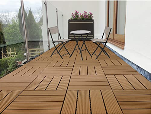AQS INTERNATIONAL Set of 11 (1m²) Decking Floor Tile - Interlocking Plastic WPC Garden Patio Terrace Balcony Tiles - Flooring Wood Plastic Composite With Click System 30cm x 30cm (Light Brown)