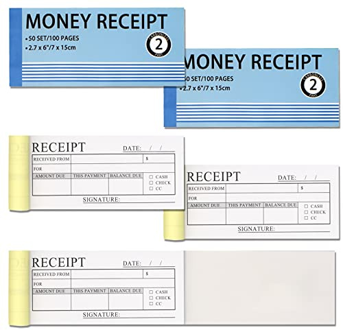 Money and Rent Receipt Book 5 Pack/250 Sets, 2-Part, 2.75x6 Carbonless Copy Receipt Book with Cardboard and Waterproof Cover (50 Sets Per Book)