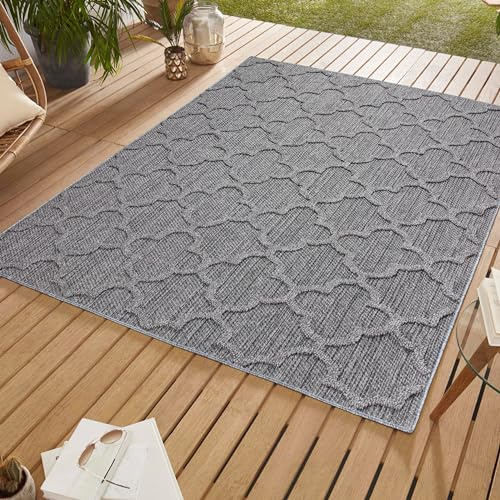 SIMPEX In & Outdoor Bouclé Teppich wetterfest Grau 200x290 cm Skandinavisches Design 3D Hoch Tief Effekt ideal für Wohnzimmer Terrasse oder Garten