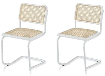 KHG 2er-Set Schwingstühle Freischwinger weiß Made in Italy, für Esszimmer | Rückenlehne und Sitzfläche aus Massivholz Buche und Rattan, Esszimmerstuhl, Küchenstuhl Designstuhl mit Wiener Geflecht