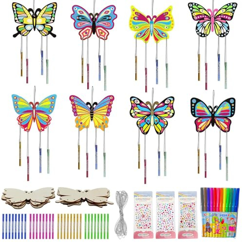 8 Stück Schmetterling Windspiel Bastelset Bastelset Holz Windspiel | Schmetterlinge Deko Schmetterlings Basteln Windspielbastelset Schmetterlings Holz Basteln Kindergeburtstag Basteln&DIY