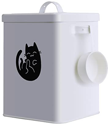 Recipiente de Almacenamiento de Alimentos para Perros Y Gatos Contenedor de Golosinas de Metal para Gatos Contenedor de Comida para Gatos con Tapa Hermética Y Cuchara para Encimera de Cocina,(Blanco)