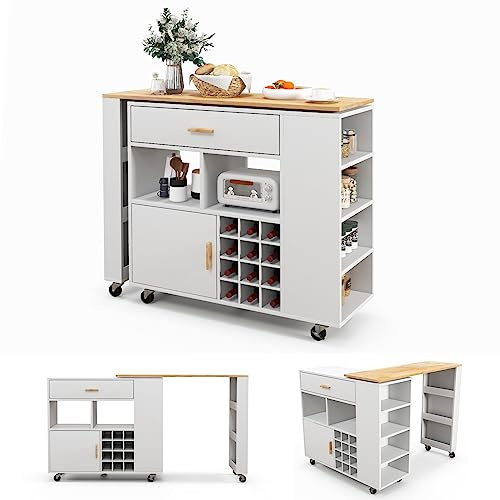 COSTWAY Küchenwagen & Bartisch, Kücheninsel mit verstellbarem Regal, Schublade & Gewürzregal, Weinregal für 12 Flaschen, Küchenschrank rollbar, Servierwagen aus Holz, Kücheninselwagen (Weiß)