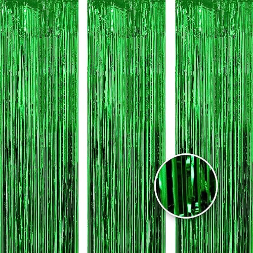 Owill 3pcs 3ft X 8.3ft Green Metallic Tinsel Curtains Aluminum Foil Flow Silk Curtain Background Streamer Birthday Party Wedding Holiday Backdrop Decoration