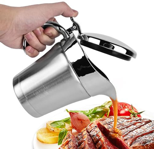 MEGYAD Salsera térmica de acero inoxidable: 500 ml, doble aislado, con tapa abatible, jarra de salsa de doble pared para servir salsa de natillas, crema en casa o en cenas