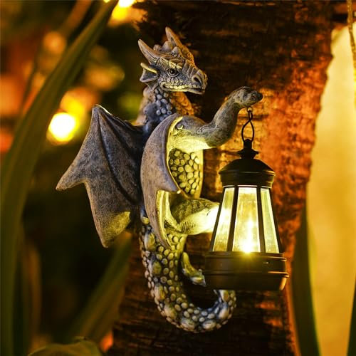 Yeomoo Drachen Figuren mit Solarlampen Baumstamm Gartendeko für Draußen: Lustige Drachen Gartenfiguren Deko mit LED Solar Lichterkette Aussen Geschenke für Männer/Frauen Garten Zaun Baum Zubehör Grau