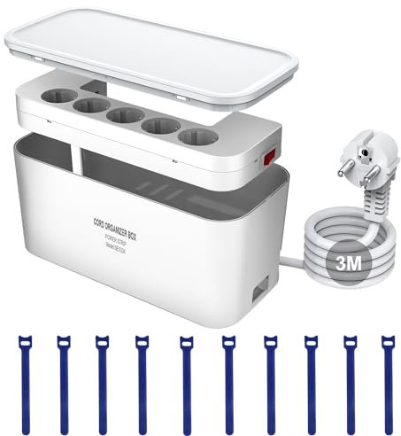 Kabelbox mit Steckdosenleiste 3M,5Fach Mehrfachsteckdose Überspannungsschutz mit Schalter und 3USB Ladeanschlüsse, Kabelbox WeiB Schreibtisch mit Steckdosenadapter,29.5 * 14 * 14CM, 3M Kabel