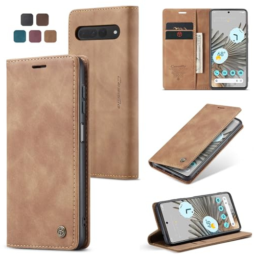 owlhold Handyhülle für Google Pixel 7 Pro Hülle Premium Lederhülle Weiches Vintage-Nubukleder Faltbare Ständer Schutzhülle Kartenfach Standfunktion stoßfest klapphülle Pixel 7 Pro -Braun