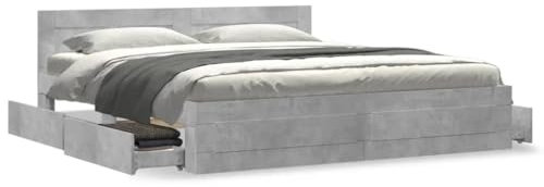 Homgoday Bettgestell mit Schubladen Bettrahmen Stauraumbett Holzbett Doppelbett Einzelbett Bett mit Kopfteil Lattenrost für Schlafzimmer Gästezimmer Betongrau 180x200 cm Holzwerkstoff