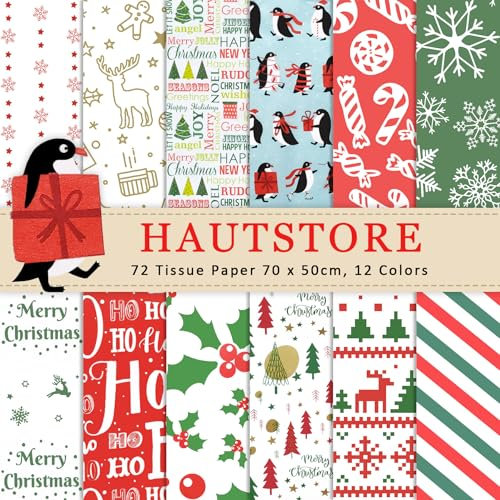 72 Blatt 70x50cm Weihnachten Seidenpapier, 12 Weihnachtsmuster für Weihnachtspapier zum Basteln, Weihnachts Seidenpapierblätter zum Verpacken, Buntem Seidenpapier für Geschenktüten, Geschenkpapier