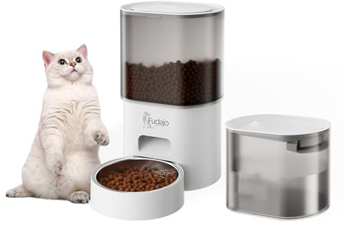 Fudajo Futter- und Trinkautomat für Katzen & Hunde in Weiß, 3 L Futterspender und 2,5 L Trinkbrunnen, Fütterung mit App-Steuerung für Trockenfutter