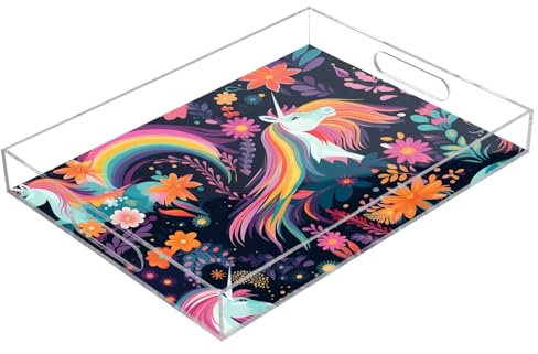 Rainbow Unicorn Flowers Acrylic Serving Trays, Clear Rectangular Tray with Handles Serving Platter for Coffee Table Kitchen Bathroom