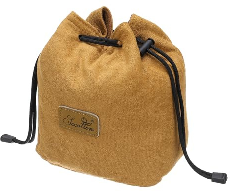 PATIKIL Mjuk kamerapåse, stötsäker dragsnöre linsfodral flanell kameralins fodral kompatibel med Nikon DSLR kameralins vattenkoppar, Khaki, L Size