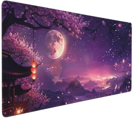 Gaming Mauspad XXL Mond Mousepad 800x400x4mm Kirschblüten Verlängertes Mauspad Schreibtischauflage,Genähte Kanten Mauspad,Verbessert Präzision Geschwindigkeit Wasserdicht Geeignet für Büro und Spiele