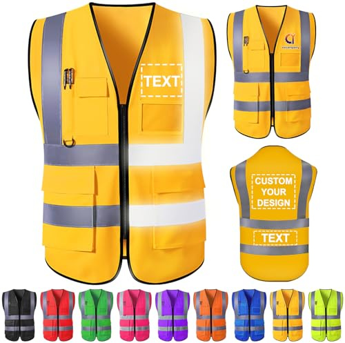 Gridachi Personalisierte Warnweste mit Logo – Reflektierende Sicherheitsweste mit Reißverschluss & Taschen – Hochsichtbare Arbeitsweste für Herren & Damen – Bedruckbar