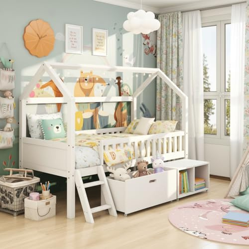 Merax Kids Single Bed with Drawer and Shelves, 3FT Kids Wooden Bed with Storage, Single Bed with Slatted Frame, Household Bed with Anti-fall Railings for Children, White, 90x190 cm (No Mattress)