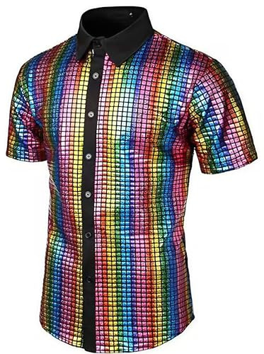 ABEHIK Herren Disco Hemd mit Pailletten 70er Kurzarm Party Kostüm für Männer Rave Shirt Mottoparty Karneval