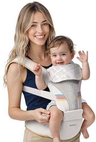 Baby Carrier with Hip Seat, BeBeBus 2-in-1 Ergonomic Newborn to Toddler Carrier up to 44 lbs, Detachable Hands-Free for Infant, All Season Forward-Facing Carry, Fits Waist Sizes up to 38 inch (White)
