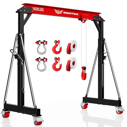 BSMTEK 2 Ton Gantry Crane 5000lbs Capacity, 2025 Upgraded Adjustable Height (8.53-12.47 FT), Width (9.06 FT), Steel I-Beam Construction, Portable Shop Hoist for Factories, Warehouses, Auto Repair, Red