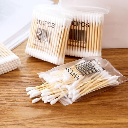 200 Stück Wattestäbchen mit Holzstäbchen,Wattestäbchen Großer Kopf Reinigungsstäbchen Lang,Wattestäbchen Holzstab mit Wattekopf,Ohrreinigungsstäbchen für Haustiere (100PCS)