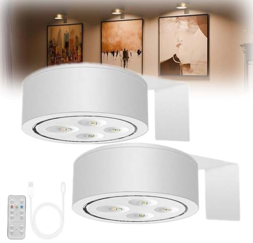 2PCS Picture Lights for Wall, Applique Murale LED pour Tableau, Lampe Tableau sans Fil Rechargeable, Spot LED sans Fil, Eclairage Tableau Led Pile Avec Télécommande et 3 temps de couleur (Blanc)