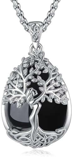 EUDORA Harmony Ball Lebensbaum Kette mit Kristall für Damen, Baum des Lebens Halskette Anhänger mit Kristall Heilsteine Amethyst Mondstein Obsidian Türkis Malachit Schmuck Geschenk für Frauen Dame