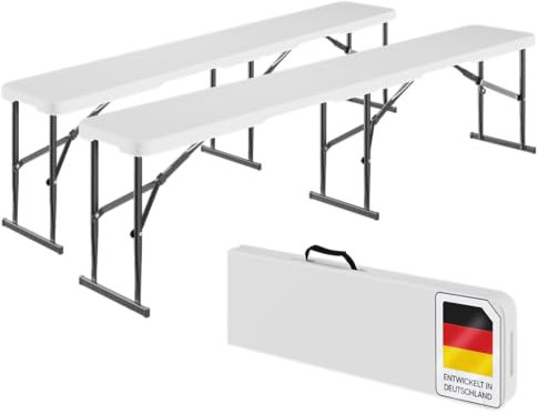 STEELSØN Zennar Bierbank klappbar 2er Set – Faltbare Partybank Weiß – Klappbank wetterfest – Bierzeltbank aus Kunststoff – Campingbank mit Tragegriff für Terrasse und Balkon – Gartenbänke 8 Personen