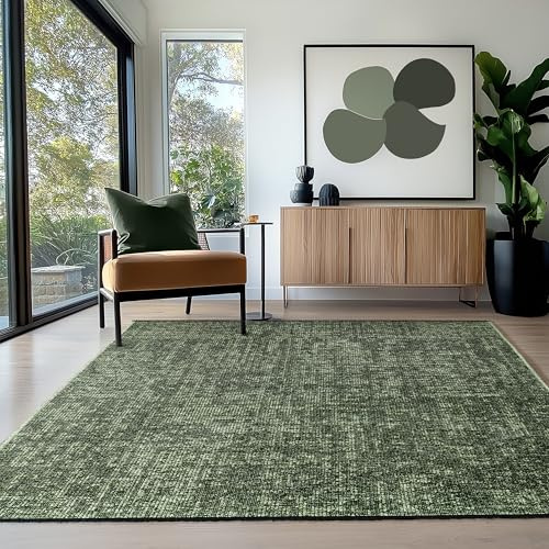 HomebyHome Baumwolle Teppich Grün 140x200 cm - Waschbar, Boho-Stil, Vintage Kelim, Kurzflor, rutschfest & Weich, Einfarbig Meliert, Für Wohnzimmer, Schlafzimmer, Büro & Küche