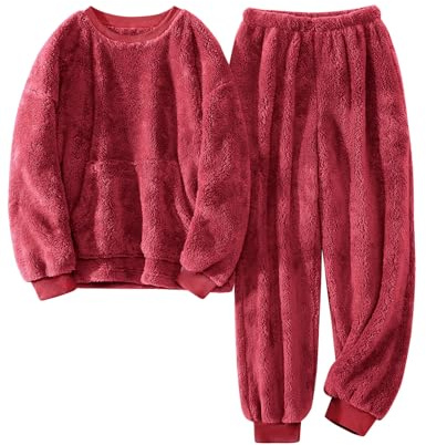 Niwicee Pigiama Donna Invernale Due Pezzi in Pile,Set Pigiami da Notte Felpato Top Manica Lunghe e Pantaloni Lungh con Tasche Pigiama Caldo da Casa per Lounge e Sleepwear S-XXL