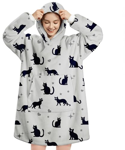 Queenshin Hoodie Decke Oversize Katze Grau mit Ärmeln Kuscheldecke Deckenpullover für Damen Herren, Tragbare Decke zum Anziehen Erwachsene, Übergroßer Hoodie Sweatshirt Sherpa Warm und Weich