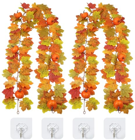 Inreeme 2 Pack Autumn Leaves Pumpkin Garland, 5.74ft Halloween Fall Garland | Autumn Maple Leaf Garland with Pumpkins, Artificial Foliage Vines Plant with Hooks, Festive Autumn Home Hanging Decorations