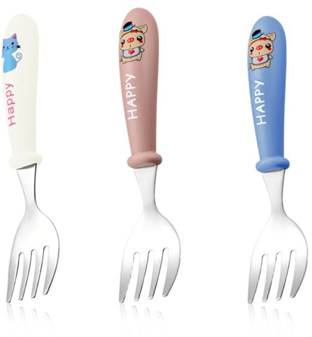 COYUN 3 Stück Kinder Besteckset, Baby Besteck Esslernbesteck ab 1 jahr, Kindergabel, Edelstahl Kinderlöffel Baby Gabel Kindergeschirr Set mit Halten Anti-Choke Design, BPA Frei