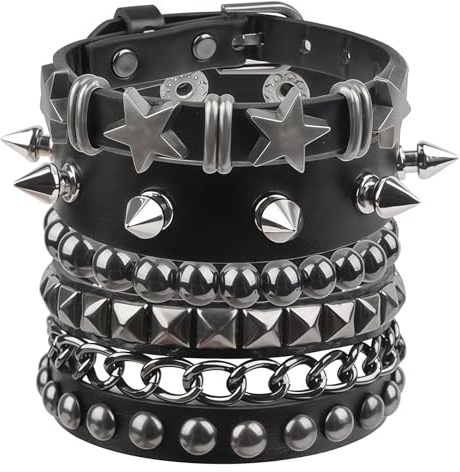 Cosblisvia 4 Stück Punk Rock Nietenarmbänder, Leder Armband Set für Männer, Frauen für Konzert, Party, Halloween, 80er Jahre Look (Schwarz & Silber)