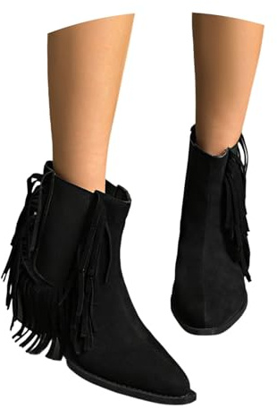 Retro Ankelstövlar Med Fransar Western Cowboystövlar for Kvinnor Spetsiga Ankelboots Med Klack Slip-on Mocka-stövlar Damskor Casual Ankelskor for Country, Rodeos(Black,43 EU)