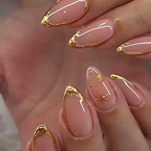 Viugex 24 Pièces Amande Faux Ongles Autocollants, Français Courts Rose Nude Ongles à Coller avec Étoile, Élégant Brillant Ongles Acrylique, Réutilisables Couverture Complète Press on Nails pour Femmes