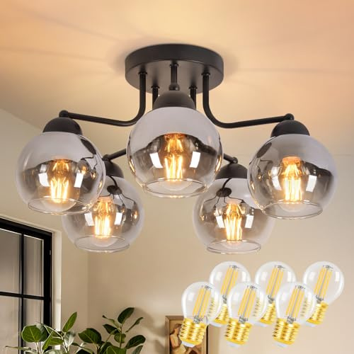Deckenlampe Glas Deckenleuchte Wohnzimmer Vintage: Schwarz Wohnzimmerlampe | 5 flammig Rauchgrau aus Metall Industrial E27 Retro Küchenlampe decke für Schlafzimmer Küche inkl. 6 × 4W 2700K Leuchtmittel
