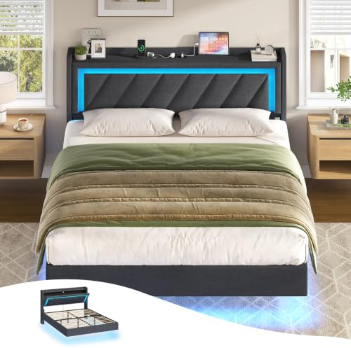 KIMENICH Letto imbottito 160x200 cm,Letto sospeso con illuminazione LED e stazione di ricarica,Letto 160x200 con contenitore,Letto matrimoniale con rete a doghe,Giroletto con testiera,Grigio