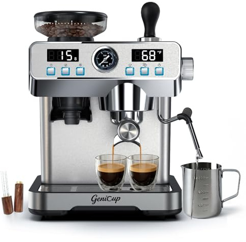 GeniCup Espresso Machine with Grinder 20 Bar Professional Expresso Coffee Machines for Home Customizable 194℉-203℉ Temp Control Espresso Maker with 68oz Water Tank All-in-One Coffee Maker Cold Brew