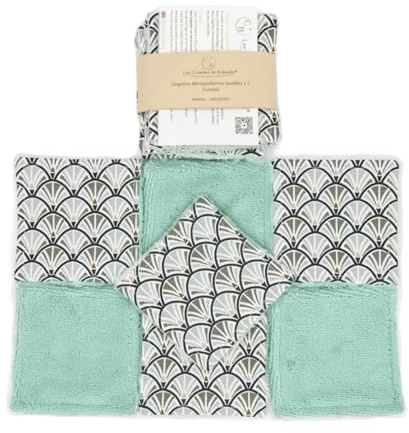 Lingettes démaquillantes lavables bambou, cotons réutilisables, pads, fait main, lot de 7 (Vert à motif)