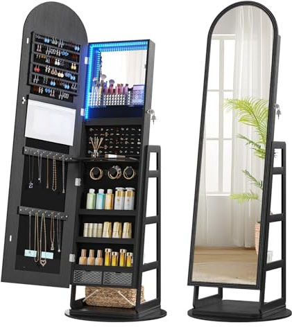 TAGELIER Schmuckschrank mit LED Spiegel, 360° drehbar, Schwarz | Abschließbar, Schmuckhalter Organizer mit Bogen Ganzkörperspiegel, Stehendes Schmuckkabinett, Hinteren Regalen & Haken