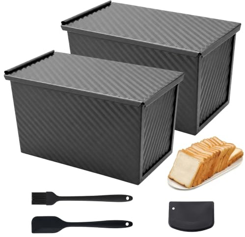 ZYNERY 2 Pack Loaf Tin with Lid 1lb(450g), Non-Stick Carbon Steel Bread Pan, 21x11x11.5CM Bread Tin with Silicone Spatula and Brush, for Oven Baking, Homemade Cakes, Toast Bread