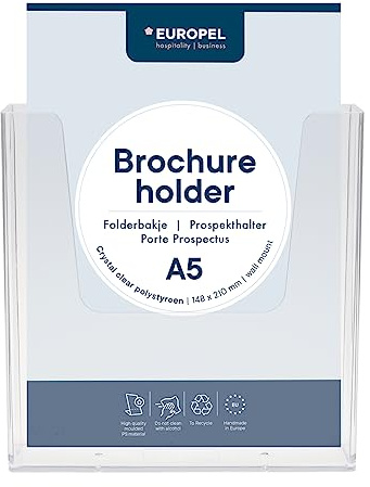 EUROPEL Prospekthalter Wandmontage Einzelfach für DIN A5 im Hochformat, Transparent, Acryl, Broschürenständer für Büros, Broschürenhalter für Menü, Faltblatt, Flyer