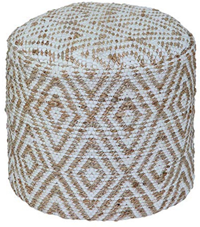 Homescapes Sitzsack-Hocker Sierra 40x45 cm, runder Pouf mit Ethno-Muster handgefertigt in Natur & Weiß, Fußhocker aus Jute & Baumwolle mit Perlen-Füllung