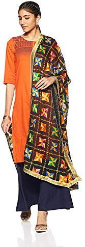 Weavers Villa Women's Indian Handicraft Ethnic Dupatta Phulkari Embroided Dupatta Chunni/Stole/Scarf, Black, Large