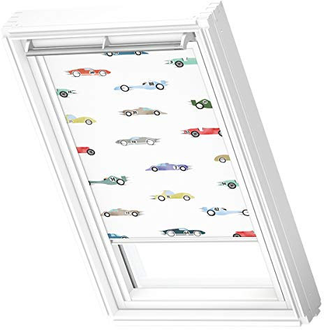 VELUX Original Verdunkelungsrollo (DKL), Kinderkollektion, Seitenschienen weiß, P08, Rennwagen